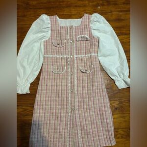 Girls Pink Tweed Formal Dress with White Puff Sleeves